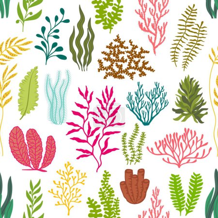 Illustration for Underwater seaweed plants seamless pattern. Coral reef colorful vector background. Aquarium, ocean and undersea algae water sea weeds and wracks, laminaria, kelp cartoon marine repeated ornament - Royalty Free Image
