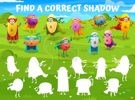 Illustration for Find a correct shadow of cartoon cheerful superhero vitamin characters. Difference spotting kids quiz, details search vector puzzle worksheet with B, N, H and U, K, D vitamins cheerful personages - Royalty Free Image