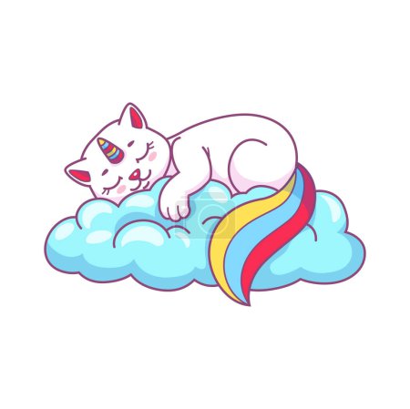 Ilustración de Lindo divertido caticorn dibujos animados durmiendo en la nube. Criatura Kawaii, caticorn de hadas o gatito mágico personaje vector divertido. Personaje mágico unicornio gato con cuerno y cola de arco iris - Imagen libre de derechos