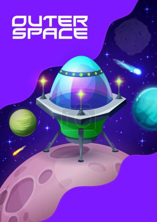 Téléchargez les illustrations : Space poster with ufo saucer on planet surface. Vector alien starship stand on moon with craters in starry galaxy landscape. Galaxy exploration mission, futuristic engine or shuttle travel in Universe - en licence libre de droit