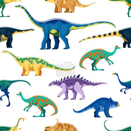 Ilustración de Dibujos animados dinosaurios Jurásico patrón sin fisuras personajes. Impresión sin costura de vector textil con Quaesitosaurus, Opisthocoelicaudia, Jaxartosaurus y Struthiosaurus, Protoceratops, dinosaurio lindo Elmisaurus - Imagen libre de derechos