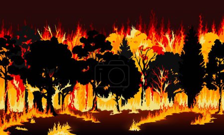 Ilustración de Fuego forestal. Árboles ardiendo y hierba. Cambio climático, catástrofe ambiental y ecológica, cataclismo natural de incendios forestales o catástrofe de incendios forestales fondo vector o telón de fondo con árboles forestales en llamas - Imagen libre de derechos