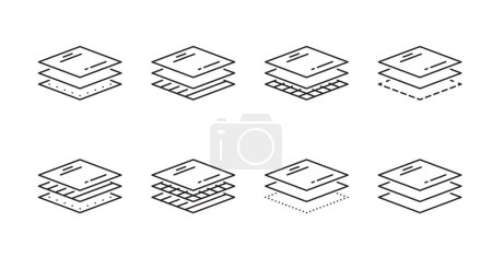 Illustration for Material layer icons. Fabric, fiber, paper, filter or waterproof level layer stacks. Paper sheet stack, construction panel merge or textile material blend minimal vector symbols or outline icons - Royalty Free Image