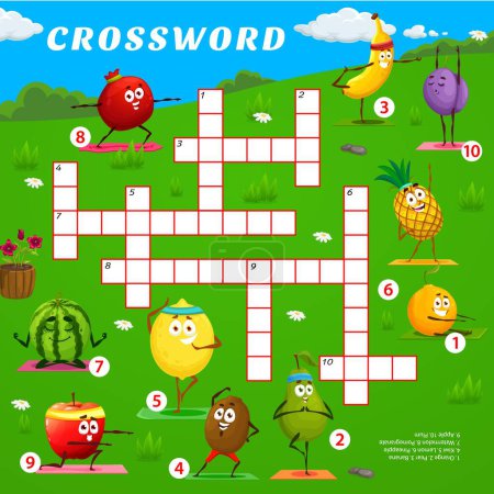 Illustration for Crossword quiz game. Cartoon fruit characters on yoga fitness. Crossword word search vector puzzle or quiz with orange, pear, banana and kiwi, lemon, pineapple cute personages doing fitness exercises - Royalty Free Image