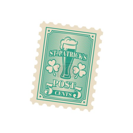 Illustration for Saint Patrick day mail antique postcard postage stamp. Saint Patrick day celebration greeting card, Ireland holiday correspondence letter vector perforated postage stamp with beer glass, clover leaf - Royalty Free Image