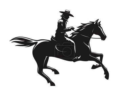 Téléchargez les illustrations : Mexican cowboy silhouette symbol. Horseback ridding or racing club monochrome vector emblem or icon with Wild West horseman in cowboy hat, American sheriff silhouette or mexican bandit riding horse - en licence libre de droit