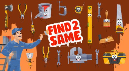 Illustration for Kids game worksheet. Find two same tool characters. Details search child puzzle, objects compare vector quiz or same picture finding riddle with ax, screwdriver, putty knife and pliers, wrench, vise - Royalty Free Image