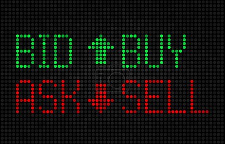 Téléchargez les illustrations : Stock exchange board arrows. Stock exchange broker sell and buy bids or bank wall electronic screen, financial investments vector background with screen red and green pixels up and down arrows - en licence libre de droit