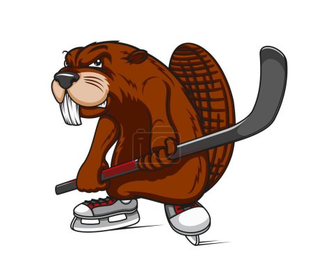 Illustration for Cartoon beaver ice hockey player mascot. Sport team animal symbol, game league competition tournament isolated vector mascot, angry beaver wearing skates and holding ice hockey stick - Royalty Free Image