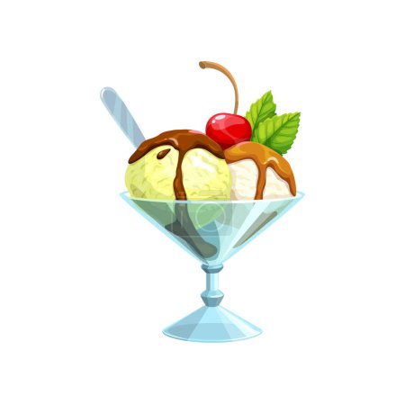Illustration for Cartoon ice cream. Restaurant dairy food menu vanilla sundae, confectionery shop summer fruit ice cream or cafe sweet parlor or gelato. Gelateria vector frozen dessert or with cherry berry and mint - Royalty Free Image