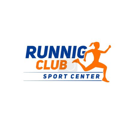 Illustration for Running and fitness club icon. Athletic sport center, gym or sprint competition vector sign. Marathon race championship icon or symbol with jogging young woman silhouette - Royalty Free Image
