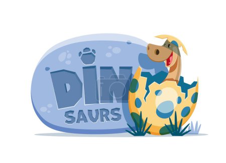 Ilustración de Dibujos animados divertido personaje de dinosaurio Brontosaurus y huevo de dino. Cómico animal prehistórico, reptil extinto o lagarto bebé vector pegatina. Personaje de dinosaurio Brontosaurus recién nacido de la era jurásica en cáscara de huevo - Imagen libre de derechos