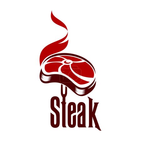 Illustration for Steak grill icon, barbecue symbol. Butcher store beefsteak, restaurant BBQ grill or steakhouse meat vector emblem. Butchery gourmet sign or symbol with hot steak meat on grilling fork - Royalty Free Image