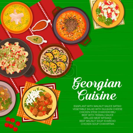 Illustration for Georgian cuisine menu cover page. Meat Mtsvadi, beef soup Kharcho and beef with Tkemali sauce, chicken stew Chakhokhbili, soup Chikhirtma and salad with sulguni cheese, eggplant with sauce satsivi - Royalty Free Image