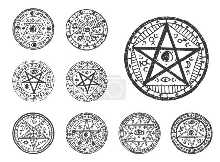 Téléchargez les illustrations : Circle magic pentagram sketch. Religion or occult ancient seal, alchemy or magic engraved vector emblem or witchcraft sacred tattoo. Astrology ritual sign with David star, pentagram star, moon and sun - en licence libre de droit