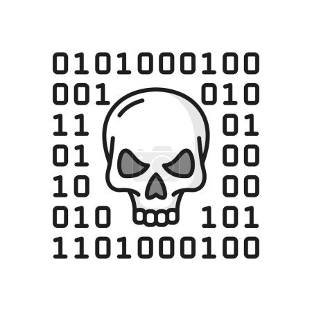 Illustration for Skull and binary system, cyber attack line icon. Vector binary file coding, data encryption, programming languages hacker attack - Royalty Free Image