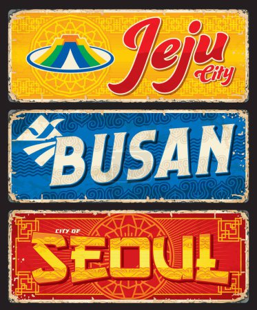 Ilustración de Seúl, Busan, Jeju pegatinas de viaje y platos. Corea del Sur capital turismo y Asia viaje viaje grunge vector bandera, ciudad coreana viaje vector placa o destino estaño signo con adornos asiáticos - Imagen libre de derechos