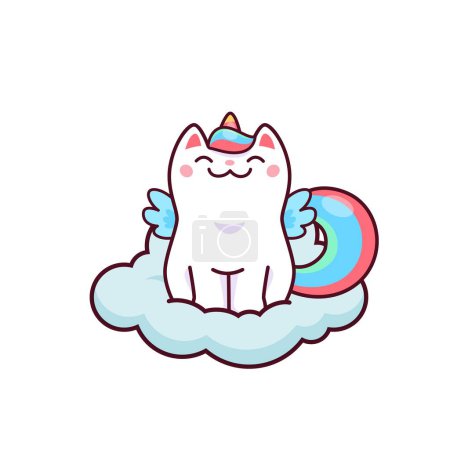 Téléchargez les illustrations : Cartoon cute kawaii caticorn character on the cloud. Vector white unicorn cat with smiling face sit on fluffy cloud. Magic kitten personage with colorful tail, horn and wings. Funny fairytale kitty - en licence libre de droit