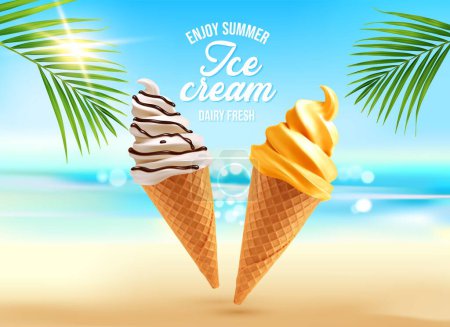 Illustration for Realistic ice cream cones. Summer beach dessert and tropical landscape. Vector ads poster with 3d icecream in waffle cups on blurred seascape background with yellow sand, sun and palm tree branch - Royalty Free Image