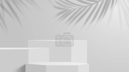 Illustration for Cosmetics grey podium. Product presentation platforms and display pedestals, gallery showroom stand or exhibition stage with podiums cubic empty and clean podiums, palm leaves shadows background - Royalty Free Image