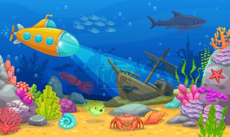Téléchargez les illustrations : Underwater landscape. Yellow submarine or bathyscaphe on sea bottom. Sea animal and plants landscape vector background or wallpaper with sunken ship, shark, crab and cuttlefish cartoon characters - en licence libre de droit