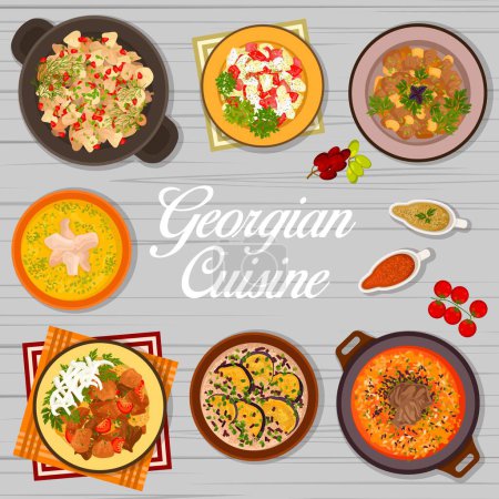 Illustration for Georgian cuisine cover page design template. Beef with Tkemali sauce and Chakhokhbili, beef walnut soup Kharcho, soup Chikhirtma and salad with sulguni, meat Mtsvadi, eggplant with sauce satsivi - Royalty Free Image