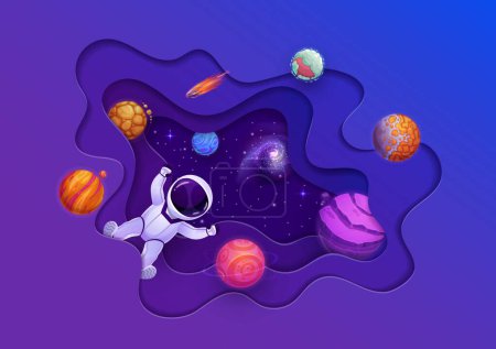 Illustration for Cartoon space paper cut with astronaut, starry galaxy and planets. Vector funny cosmonaut float in weightlessness with alien planets, asteroids, nebula and stars inside of double exposition 3d frame - Royalty Free Image
