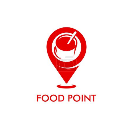 Illustration for Restaurant, coffeeshop icon. Shop or store destination mark, food delivery service navigation pin or road cafe direction label vector sign. Local restaurant spot emblem with mug of hot coffee drink - Royalty Free Image