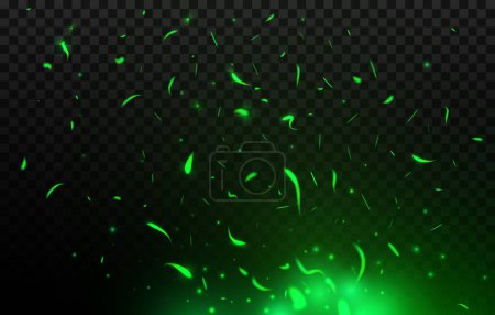 Illustration for Green fire sparks. Magic flame flying ash or ember vector transparent light effect. Blazing and flaming gas, glowing or luminescence nuclear waste, burning green sparkles background or backdrop - Royalty Free Image