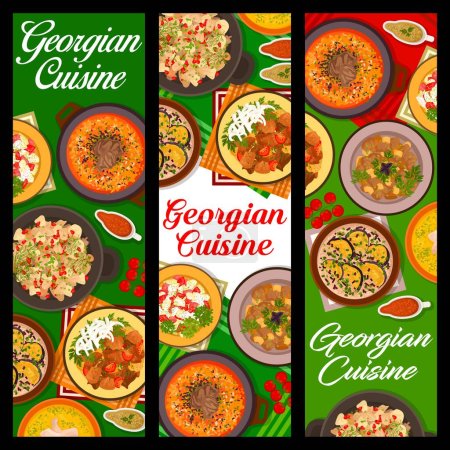 Illustration for Georgian cuisine restaurant food banners. Eggplant with sauce satsivi, beef with Tkemali sauce and soup Kharcho, salad with sulguni cheese, soup Chikhirtma and meat Mtsvadi, chicken stew Chakhokhbili - Royalty Free Image