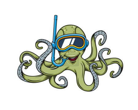 Illustration for Cartoon diver octopus mascot. Funny sea creature, ocean wildlife and marine life cute animal, isolated cheerful octopus vector character in scuba diving mask. Vacation travel and zoo happy mascot - Royalty Free Image