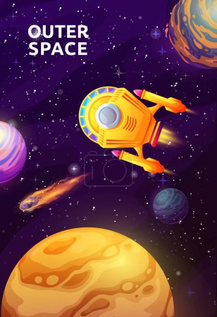Illustration for Starship in starry galaxy, space landscape. Vector futuristic poster with shuttle engine or spacecraft travel in Universe explore alien planets, stars and asteroids. Cosmic exploration mission, trip - Royalty Free Image