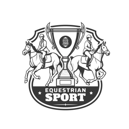 Illustration for Equestrian sport icon, horse races sport club vector symbol with victory cup. Racing tournament or jockey polo game and equine steeplechase races championship badge with horses and winner goblet - Royalty Free Image