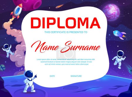 Illustration for Kids diploma cartoon astronauts on moon surface, space landscape. Educational school or playschool certificate vector template with funny cosmonauts and flying rocket, award honor frame template - Royalty Free Image