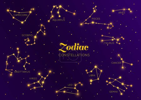 Illustration for Golden zodiac constellations, vector sky map with Aries, Taurus, Gemini or Cancer. Leo, Virgo, Libra, Scorpio or Sagittarius and Capricorn with Aquarius and Pisces gold celestial horoscope symbols - Royalty Free Image