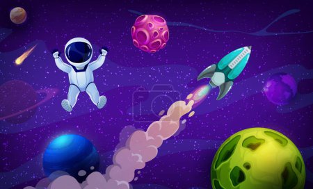 Illustration for Rocket spaceship, planets and cartoon astronaut in outer space. Vector cosmonaut travel in Universe or starry galaxy, float in weightlessness with spacecraft engine, asteroid, comet and shining stars - Royalty Free Image