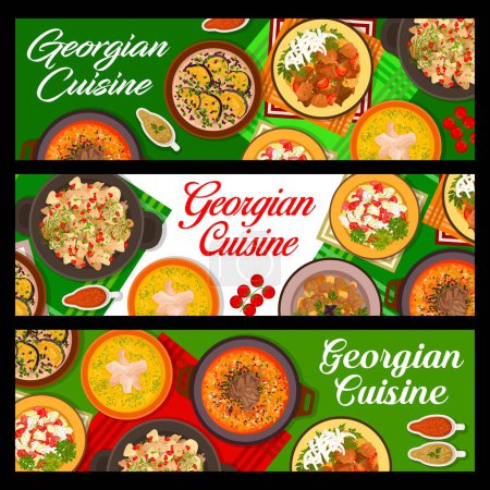 Illustration for Georgian cuisine meals banners. Beef with Tkemali sauce, beef walnut soup Kharcho and salad with sulguni, eggplant with sauce satsivi, soup Chikhirtma and chicken stew Chakhokhbili, meat Mtsvadi - Royalty Free Image