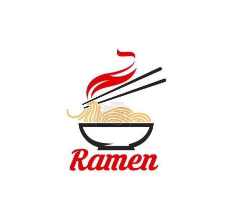 Illustration for Japanese ramen restaurant icon. Chinese fast food meal, Japanese cafe or oriental cuisine restaurant menu vector icon. Asian ramen noodles bar symbol or sign with hot noodles bowl and chopsticks - Royalty Free Image