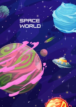 Téléchargez les illustrations : Galaxy space landscape, planets and stars. Vector poster with alien ufo saucer flying in fantasy cosmic world. Extraterrestrial interstellar travel in Universe with asteroids, stars, comets or planets - en licence libre de droit