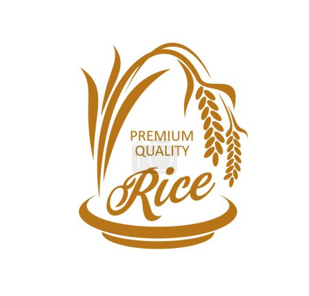 Illustration for Organic rice farm icon. Natural cereal products shop or store, healthy food organic farm sign or cereal growth agriculture company simple vector emblem or symbol with rice ear grains and leaves - Royalty Free Image