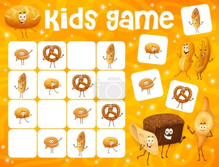 Ilustración de Sudoku juego de niños. Caricatura panadería, pastelería y personajes de pan. Sudoku niños rebus, lógica rompecabezas hoja de trabajo vector con broa de maíz, injera, cunape y marraqueta, tortilla, hamburguesa bollo personajes cómicos - Imagen libre de derechos