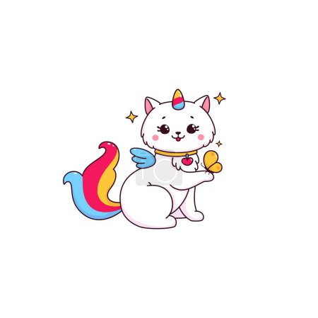 Illustration for Cartoon cute caticorn character playing with butterfly. Kawaii vector unicorn cat with moth sitting on its paw. White funny magic kitty with colorful tail. Fairy tale kitten playing and having fun - Royalty Free Image