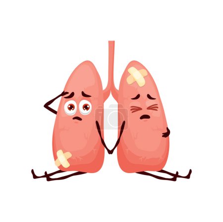 Ilustración de Pulmones cuerpo enfermo órgano carácter. Personajes enfermos vectoriales de dibujos animados del sistema respiratorio humano. Insalubre partes anatómicas débiles tristes con yeso y cara de sufrimiento infeliz. Salud, neumología - Imagen libre de derechos