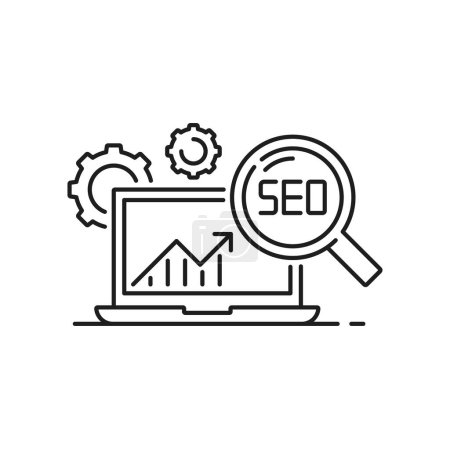 Téléchargez les illustrations : SEO optimization of website icon. Vector gear under magnifier, data and words analysis, keywords search strategy, computer screen with growing chart - en licence libre de droit