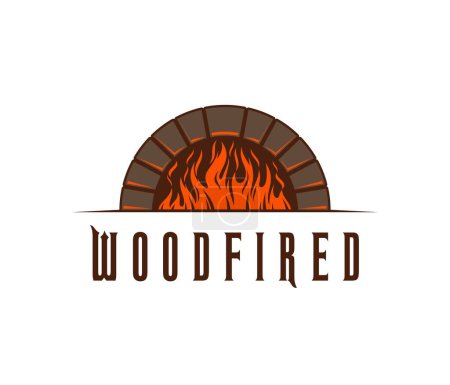Illustration for Fireplace, restaurant stove icon. Bakery shop hearth, Italian cuisine restaurant cooking stove or pizzeria fireplace with burning wood vector icon. Barbeque bar firewood chimney sign or symbol - Royalty Free Image