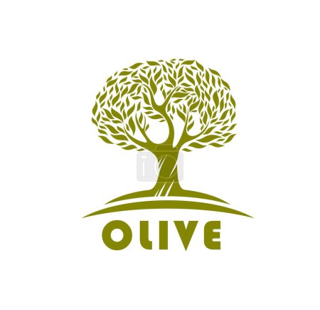 Illustration for Olive tree, eco product symbol. Vegetarian food and mediterranean cuisine symbol, agriculture company or olive oil farm garden vector emblem. Organic food sign with old tree crown, green leaves - Royalty Free Image