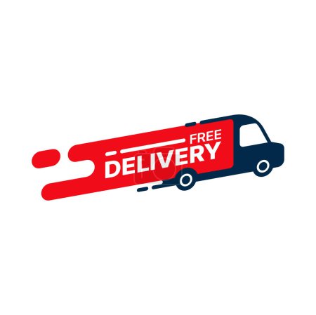 Téléchargez les illustrations : Free delivery service icon. Retail company cargo free delivery, moving service or parcel express shipping vector emblem. Fast food restaurant meal free delivery symbol or icon with van silhouette - en licence libre de droit