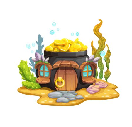 Illustration for Cartoon underwater golden pot fairy house. Vector creative fantasy dwelling, mermaid or fish home inside of cauldron with gold coins on ocean bottom with sand, paved pathway, shells and seaweeds - Royalty Free Image