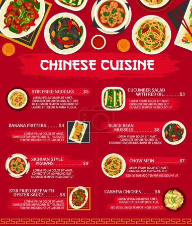 Ilustración de Chinese cuisine meals menu, Asian food dishes and traditional plates, vector. Chinese cuisine restaurant food menu Chow Mein noodles, Sichuan prawns and banana fritters, cucumber salad with red oil - Imagen libre de derechos