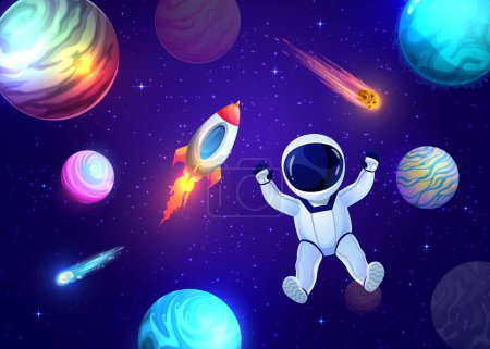 Ilustración de Cartoon astronaut in outer space, galaxy landscape with planets and stars. Vector funny kid cosmonaut float in weightlessness with alien planets, spaceship engine, asteroids, comets and shining stars - Imagen libre de derechos